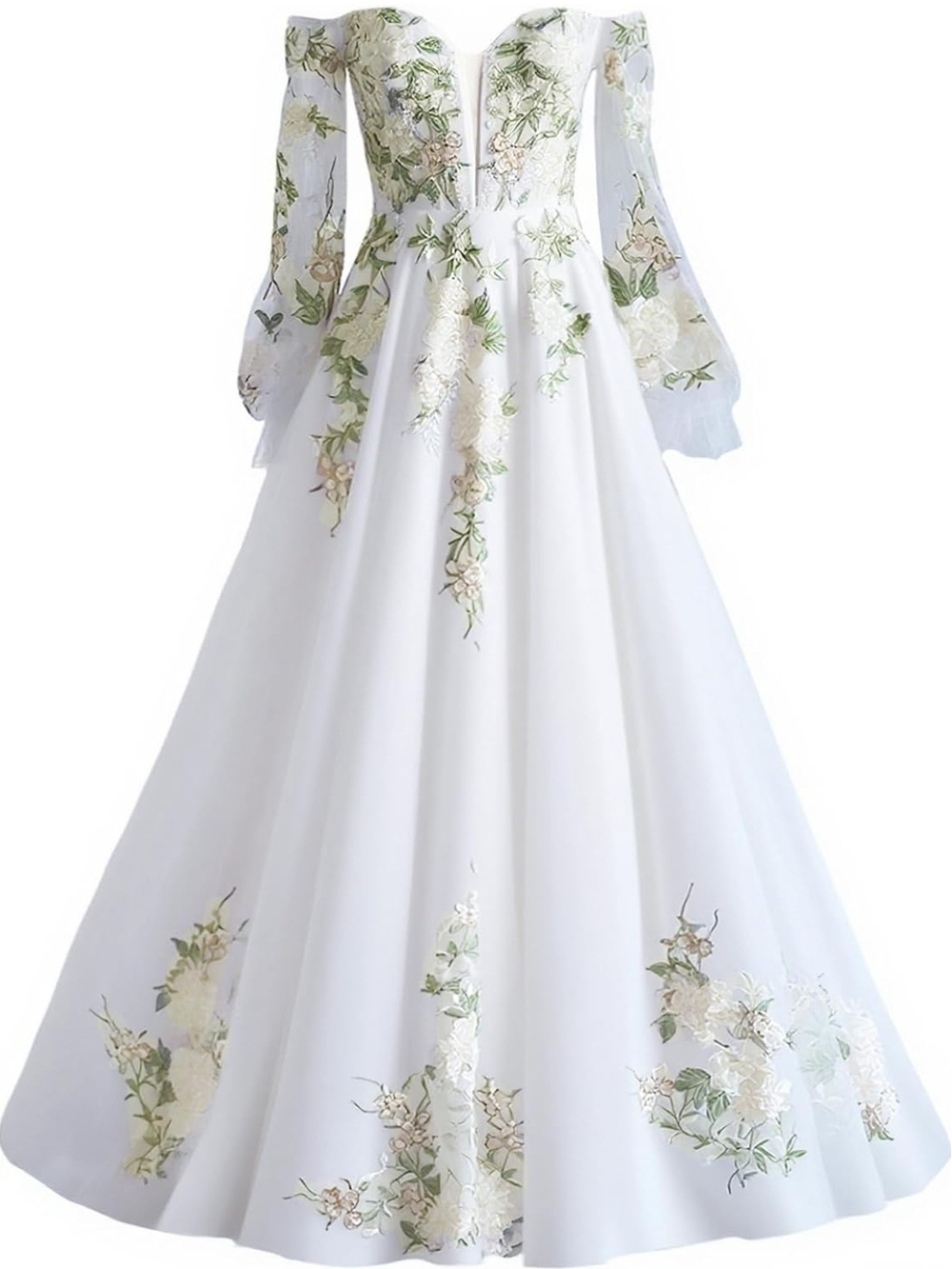White Off-Shoulder Floral Embroidered Wedding Gown Formal Dress
